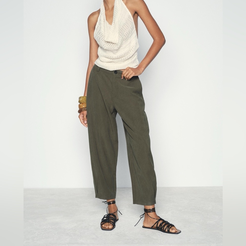 Zara Olive Chino Pants with Pleated Hems